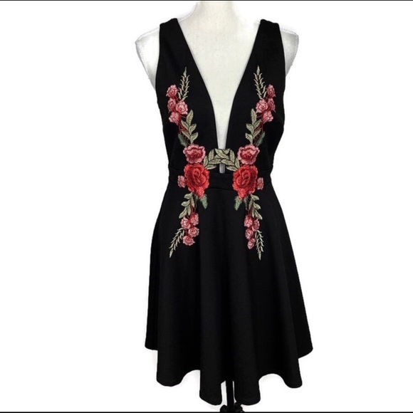 black embroidered skater dress
